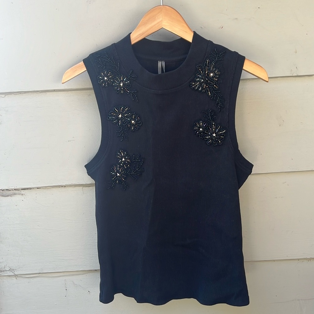 Anthropologie sleeveless top, black, embellished, size L, NWT